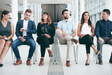 Recruitment, hiring and business people in waiting room...