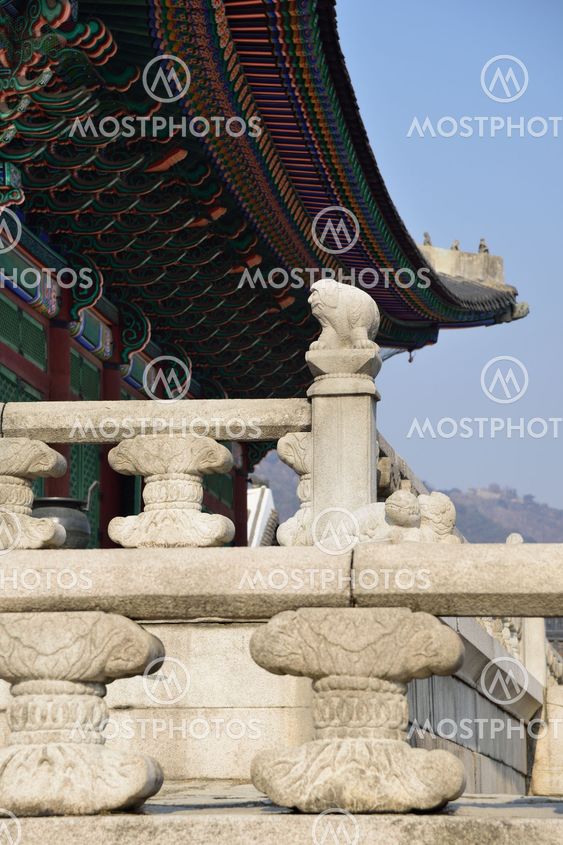 Mythical stone statues on the banister of Geunjeongjeon...