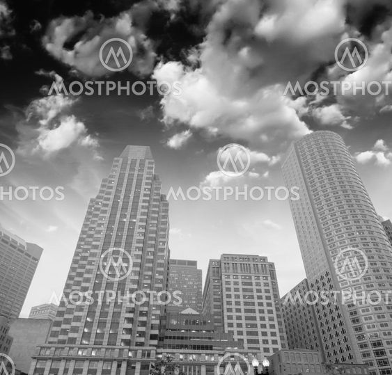 Beautiful black and white view of Boston buildings from street level