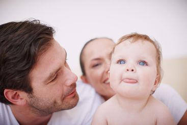 Relax, parents and happy with baby in home for playing,...