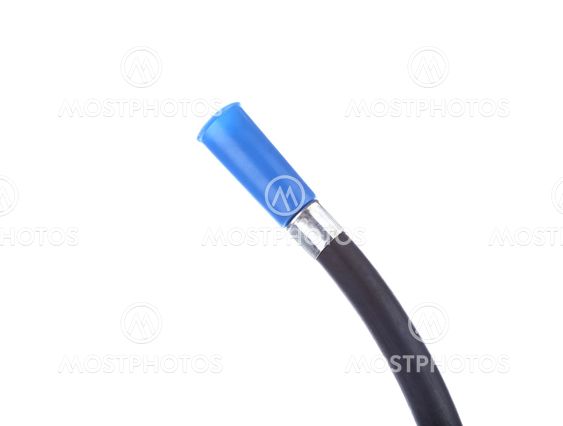 Blue sprayer and black hose of fire extinguisher.
