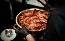 Crispy Bacon: glistening texture of dry cooked bacon in a...