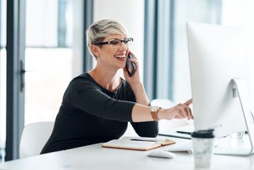 Phone call, computer and business woman online for...