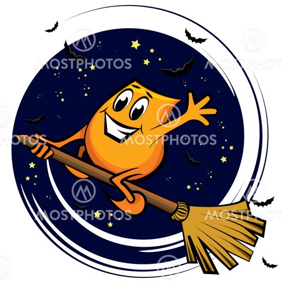 Cartoon character - flying on the broom at the starry night