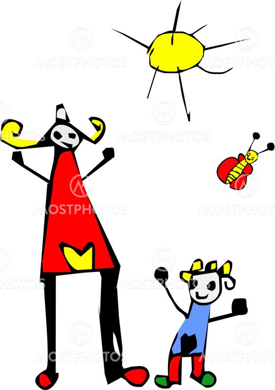 Happy time: kid drawing of mom and daughter