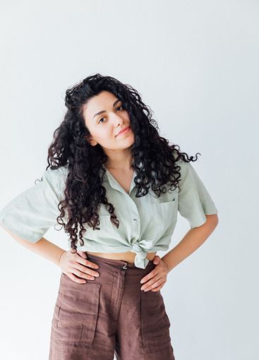 Woman Brunette in Home Clothes Portrait on White Background