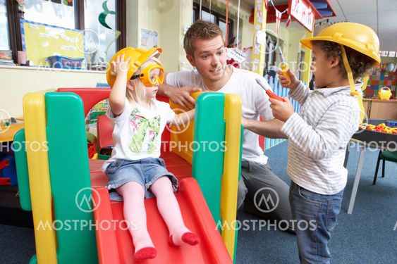 Man with children playing together