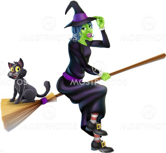Halloween Witch on Broomstick with Cat