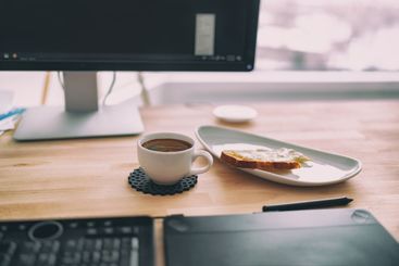 Working from home office remote work breakfast snack...