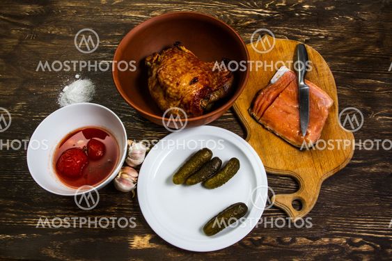 Still Life With grilled meat of turkey and salt salmon...