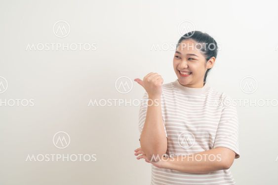asian woman point or presenting on white background