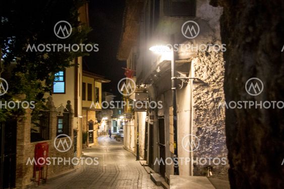 Street of old town Kaleici, Antalya Turkey at night time