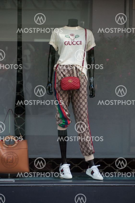 Closeup of summer clothes on mannequin n Gucci store