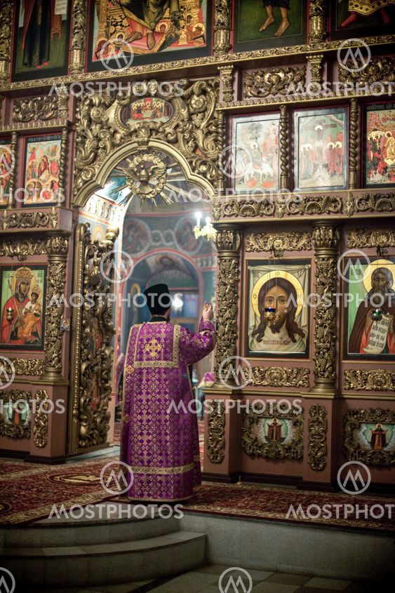 MOSCOW - MARCH 13: Orthodox liturgy with bishop Mercury in High Monastery of St Peter in Moscow on March 13, 2010 in Moscow