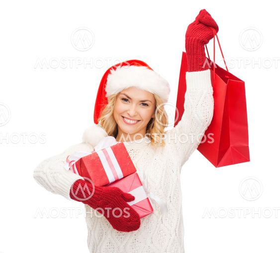woman in santa helper hat with shopping bags