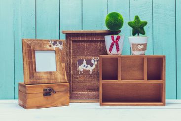 Shabby chic style home decorations on wooden background