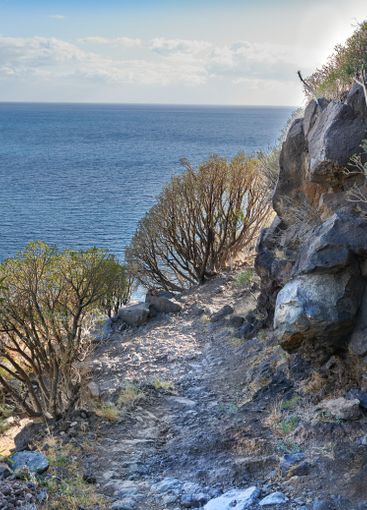 Rock, nature and sea with trail on mountain for hiking,...