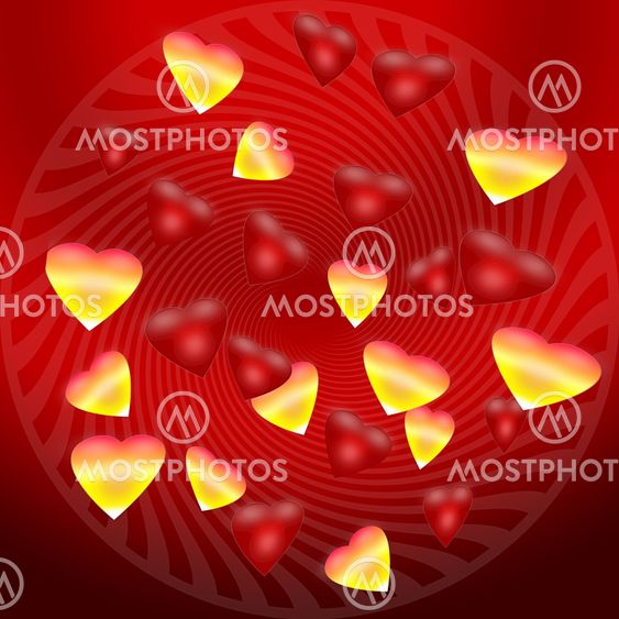 The background of gold and red hearts