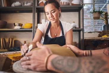 People, team and pottery course in studio, working...