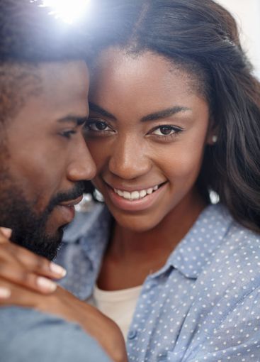 Black couple, hug and home for woman portrait, closeup...