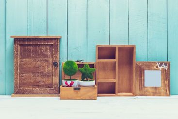 Shabby chic style home decorations on wooden background