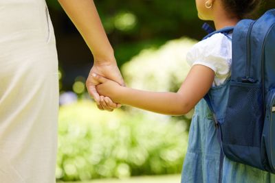 Backpack, holding hands and child with mother, school...