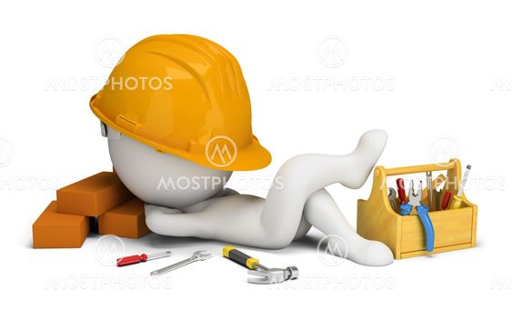 3d small people - builder sleeps in the workplace