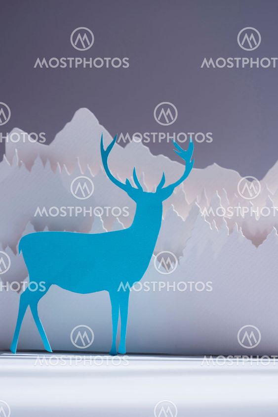 Handmade paper cut deer blue forest holiday card