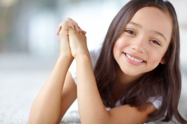 Carpet, playful or portrait of girl in home for joy,...