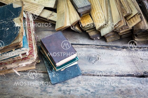 Vintage old books on wooden table