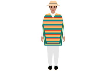 Traditional Attire of Man in Colorful Striped Poncho and...