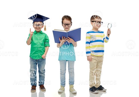 kids in glasses with book, lens and bachelor hat