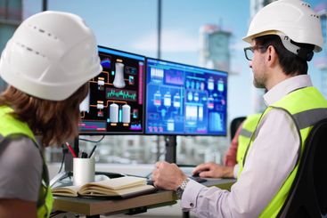 Professional man and woman checking SCADA software