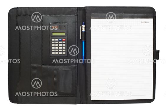 Black leather folder with notepad, pen and calculator