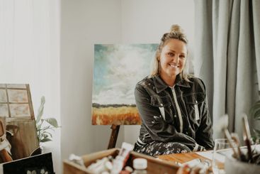 Painting, art and portrait of woman at desk for drawing,...