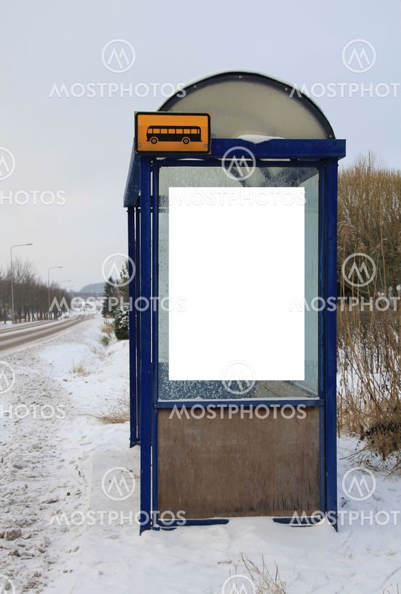 Bus Stop in Winter with Blank Billboard