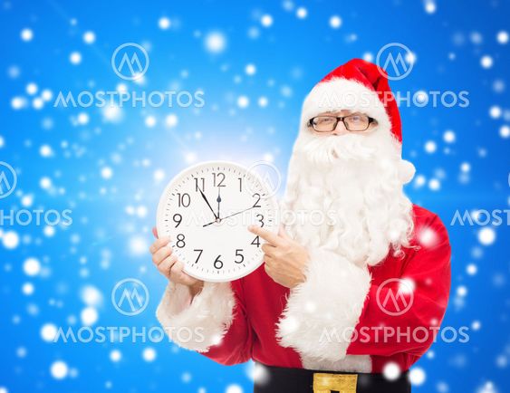 man in costume of santa claus with clock