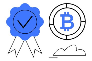 Blue verified badge with checkmark and cryptocurrency...