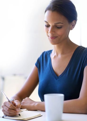 Writing, notebook and idea with business woman in office...