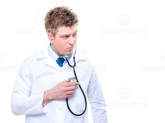 cherfull male medical doctor listening with a stethoscope