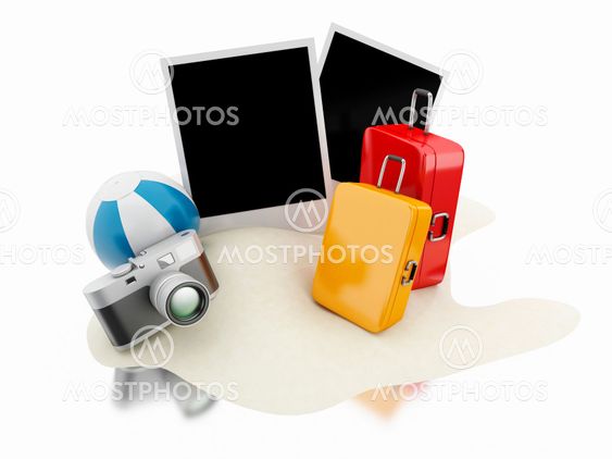 3d Suitcase, beach ball, camera and photos. Travel concept.