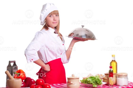 Attractive cook woman a over white background