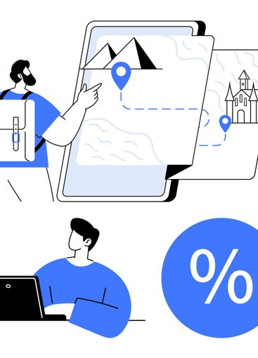 Travelers planning trip with digital map and laptop Blue...