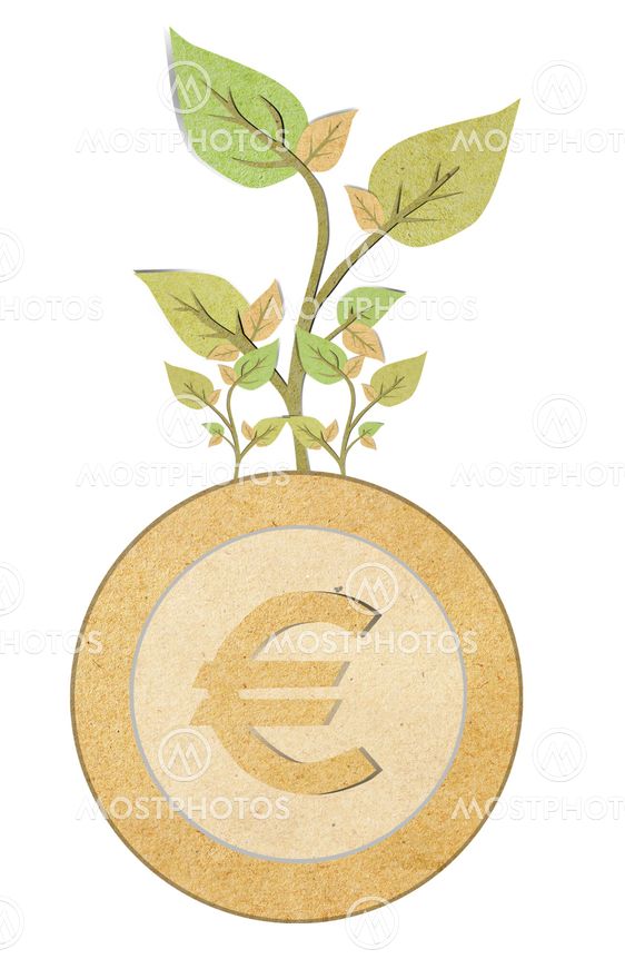 papercraft Young plant och mynt isolerade över vit