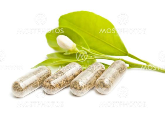 herbal medicine pills with green plant on white background