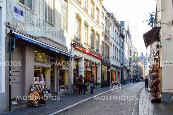 Brussels, Belgium - April 2015: Preserved old European-style residential and commercial buildings on streets of Brussels City, Belgium