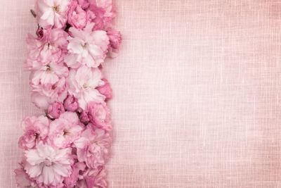Cherry blossoms border on pink linen