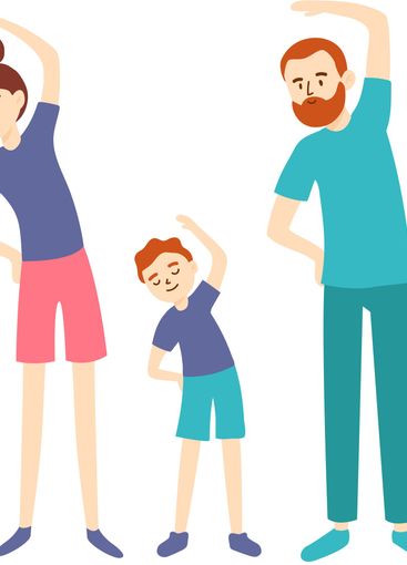 Mother, father, and son stretching together while...