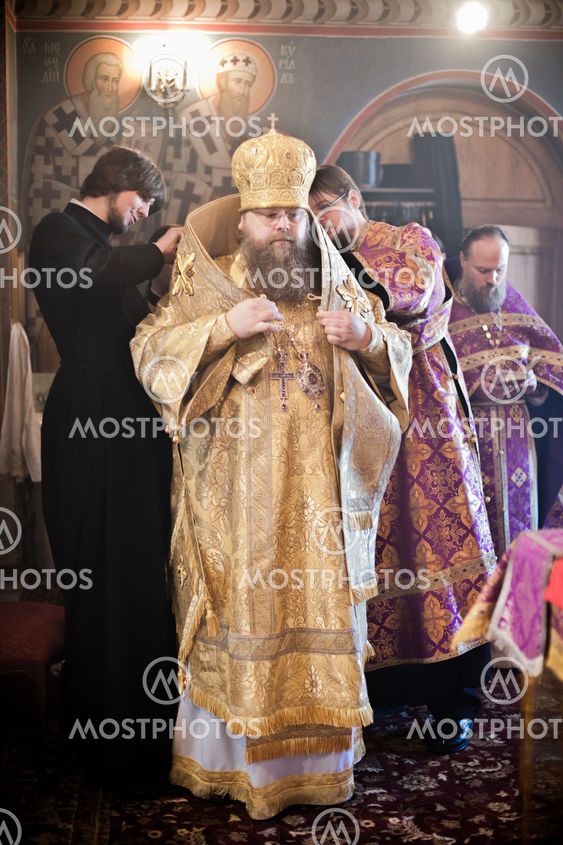 MOSCOW - MARCH 14: Orthodox liturgy with bishop Mercury in High Monastery of St Peter in Moscow on March 14, 2010 in Moscow