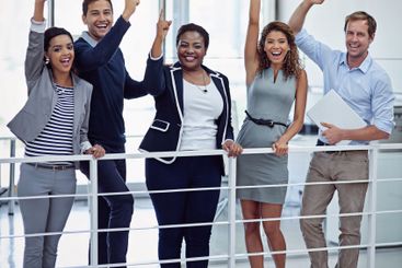 Happy people, portrait and winning with celebration for...